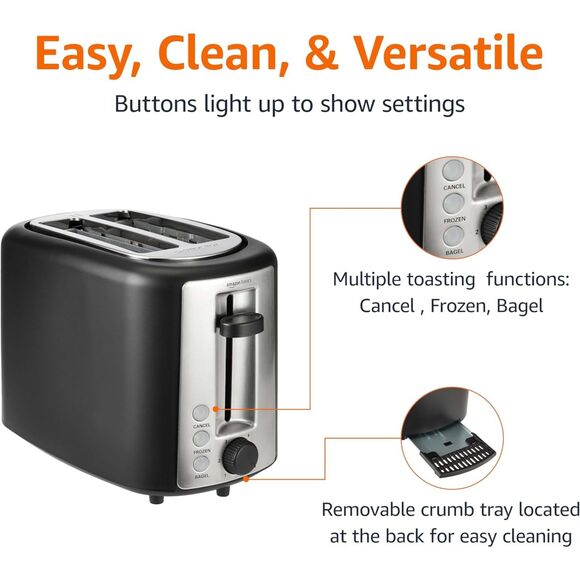 2 Slice Toaster With 6 Browning Settings Extra Wide Slots Bagels and Breads - Picture 4 of 6